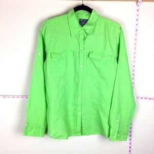 American Living 100% Linen Button Down Top Green L